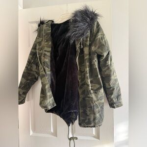 Jou Jou Camouflage Utility Jacket with Faux Fur Trim